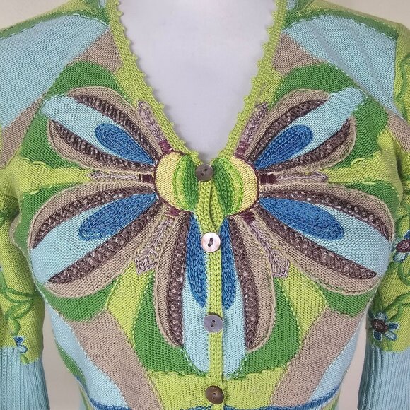 Michael Simon Floral Cardigan Sweater S Multicolor Spun Silk/Cotton Art to Wear - Picture 2 of 11